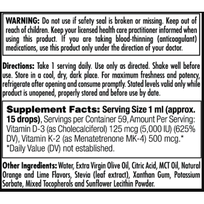Вітамін Д3 та К2, D3 K2 DropIns 125mcg - 2 oz Citrus
