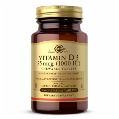 Вітамін Д3, Vitamin D3 25 mcg (1000 IU) Chewable Strawberry Banana Swirl - 100 Chewables Вітамін Д3, Vitamin D3 25 mcg (1000 IU) Chewable Strawberry Banana Swirl - 100 Chewables