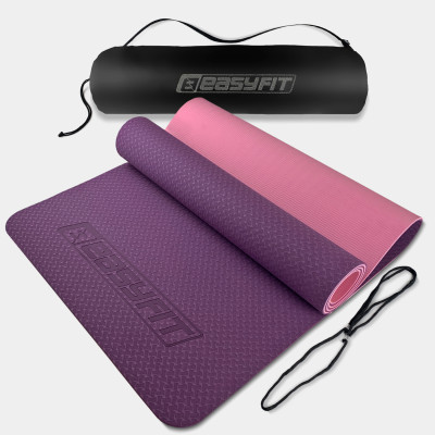 Килимок для йоги та фітнесу EasyFit TPE+TC 6 мм двошаровий + чохол фіолетовий-рожевий