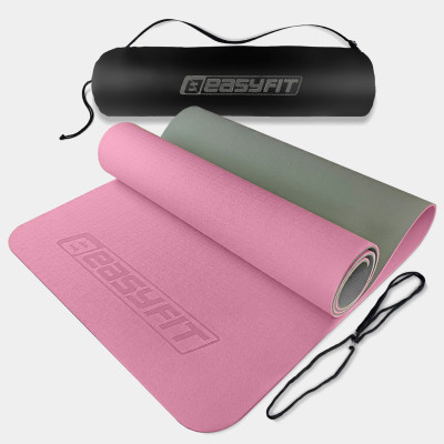 Килимок для йоги та фітнесу EasyFit TPE+TC 6 мм двошаровий рожево-сірий + чохол сірий із чорним Килимок для йоги та фітнесу EasyFit TPE+TC 6 мм двошаровий рожево-сірий + чохол сірий із чорним