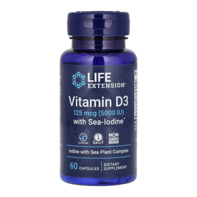 Вітамін Д3 5000 IU з морським йодом, Vit D3 with Sea-Iodine™ 125 mcg (5000 IU) - 60 caps