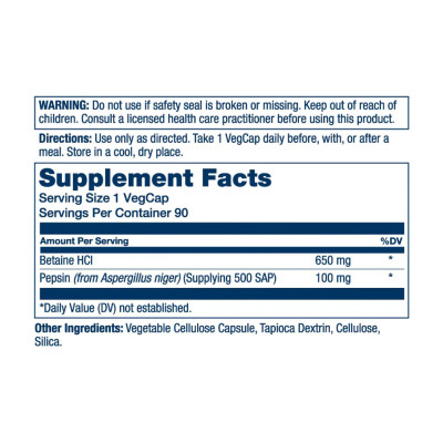Бетаїн гідрохлорид, Betaine HCL - 90 vcaps