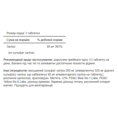 Сульфат заліза, Iron Ferrous Sulfate 65 mg - 100 Tablets