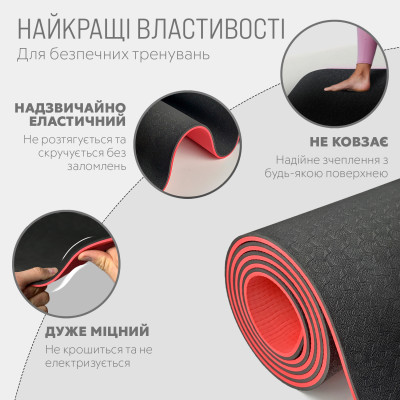 Килимок для йоги та фітнесу EasyFit TPE+TC 6 мм двошаровий + чохол чорний-червоний