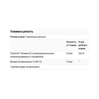 Вітамін D3 з К2, Vitamins D3 & K2 2000 Iu & 75mcg - 60 vcaps