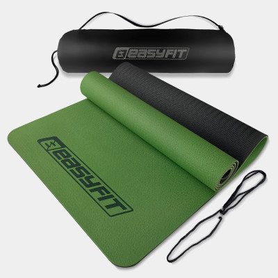 Килимок для йоги та фітнесу EasyFit TPE+TC 6 мм двошаровий + чохол зелений-чорний