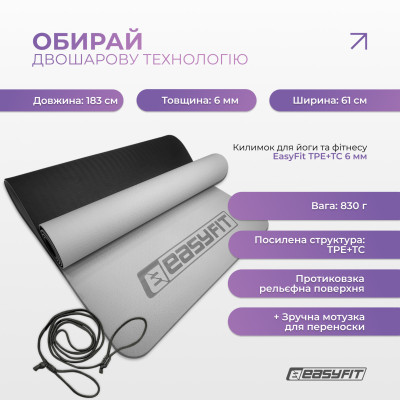 Килимок для йоги та фітнесу EasyFit TPE+TC 6 мм двошаровий сірий-чорний