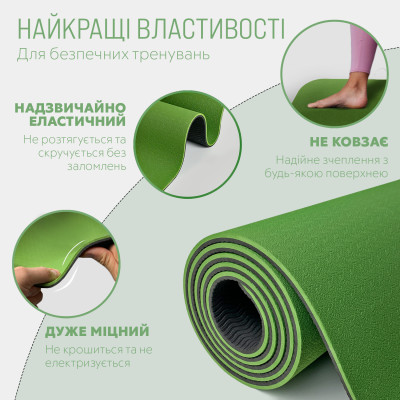 Килимок для йоги та фітнесу EasyFit TPE+TC 6 мм двошаровий + чохол зелений-чорний