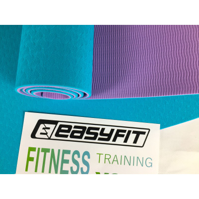 Килимок для йоги та фітнеса EasyFit TPE+TC 6мм двошаровий + Чохол м'ятний з фіолетовим