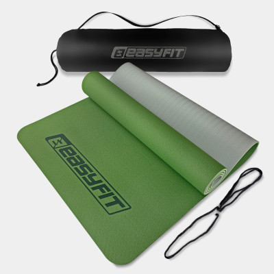 Килимок для йоги та фітнесу EasyFit TPE+TC 6 мм двошаровий + чохол зелений-сірий Килимок для йоги та фітнесу EasyFit TPE+TC 6 мм двошаровий + чохол зелений-сірий