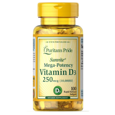 Вітамін Д3 250мкг, Vitamin D3 250mcg(10000 IU) Mega-Potency - 100 softgels
