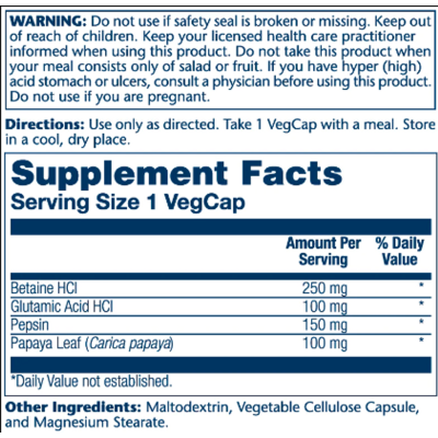 Бетаїн гідрохлорид, Betaine HCl 250mg - 180 vcaps