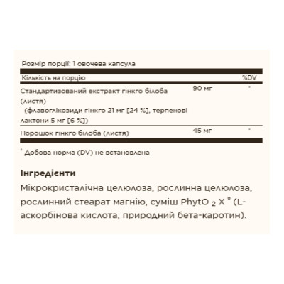 Екстракт листя гінкго білоба, SFP Ginkgo Biloba Leaf Extract - 180 vcaps