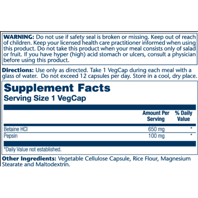Бетаїн Гідрохлорид з Пепсином, High Potency Betain HCl with Pepsin 650мг - 100 vcaps