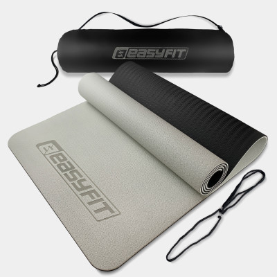 Килимок для йоги та фітнесу EasyFit TPE+TC 6 мм двошаровий + чохол сірий-чорний