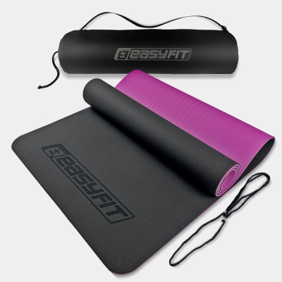 Килимок для йоги та фітнесу EasyFit TPE+TC 6 мм двошаровий + чохол чорно-фіолетовий Килимок для йоги та фітнесу EasyFit TPE+TC 6 мм двошаровий + чохол чорно-фіолетовий