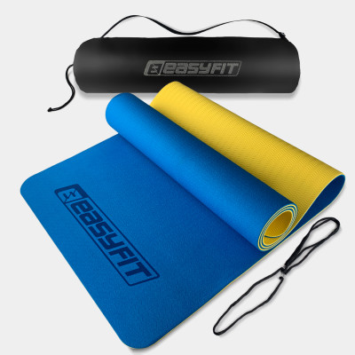 Килимок для йоги та фітнесу EasyFit TPE+TC 6 мм двошаровий + чохол синій-блакитний
