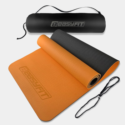 Килимок для йоги та фітнесу EasyFit TPE+TC 6 мм двошаровий + чохол помаранчевий-чорний