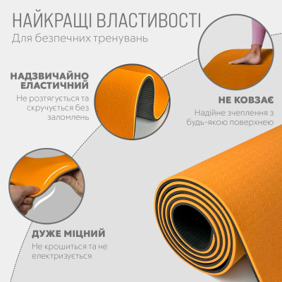 Килимок для йоги та фітнесу EasyFit TPE+TC 6 мм двошаровий + чохол помаранчевий-чорний