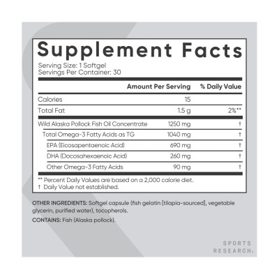 Омега 3, Omega-3 Fish Oil Alaska Pollock 1250mg - 30 softgels