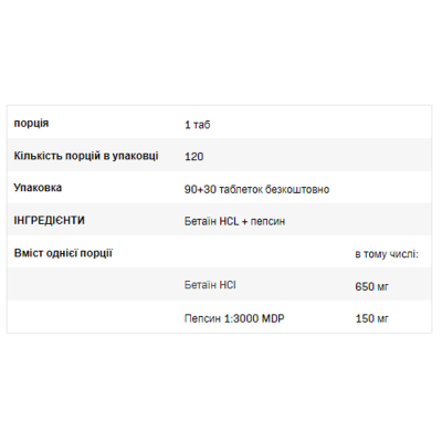 Betaine HCL+Pepsin - 120caps