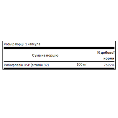 Рибофлавін вітамін В2, Riboflavin Vitamin B-2 100mg - 100caps