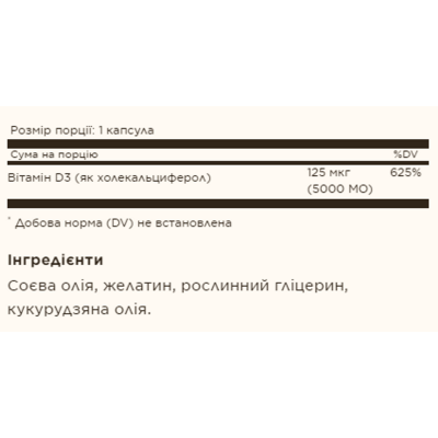 Вітамін Д3, Vitamin D3 Cholecalciferol 125 mcg 5000 IU - 100 softgels