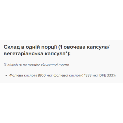 Фолієва кислота, Folic Acid 800 mcg - 250 vcaps