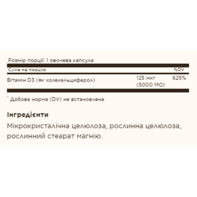 Вітамін Д3, Vitamin D3 (Cholecalciferol) 125 mcg (5,000 IU) - 120 vcaps