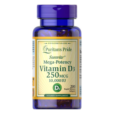 Вітамін Д-3, Vitamin D3 250mcg (10000 IU) Mega-Potency - 200 softgels Вітамін Д-3, Vitamin D3 250mcg (10000 IU) Mega-Potency - 200 softgels