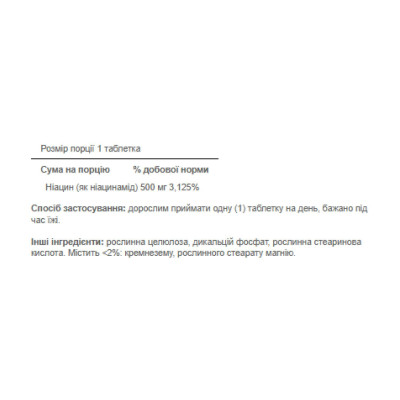 Ніацинамід, Niacinamide 500 mg - 100 tabs