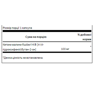 Малинові кетони, Razberi-K Raspberry Ketones 100mg - 60caps