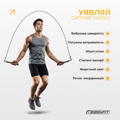 Швидкісна скакалка EasyFit Aluminium зі сталевим тросом та алюмінієвими ручками чорна