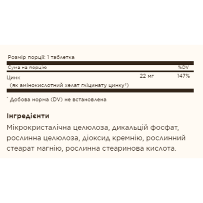 Хелатний Цинк, Chelated Zinc - 100 tabs