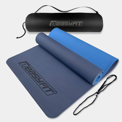 Килимок для йоги та фітнесу EasyFit TPE+TC 6 мм двошаровий + чохол синій-блакитний