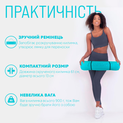 Килимок для йоги та фітнесу EasyFit TPE+TC 6 мм двошаровий + чохол м'ятний-чорний