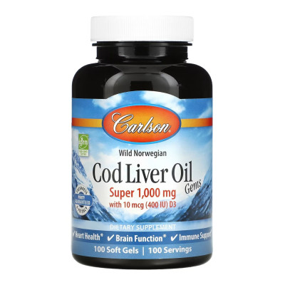 Риб'ячий жир з печінки тріски, Cod Liver Oil Super 1000mg - 100 softgels