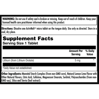 Літіум оротат, Lithium Orotate 5mg - 90 tabs Lemon Lime