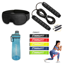 Комплект 1002. Скакалка з обважнювачем EasyFit + Пляшка для води EasyFit CHFe 1000 мл синя або зелена + Маска для сну 3D EasyFit Dream з ефектом пам’яті (чорна або сіра) + Гумові кільця для фітнесу EasyFit набір 5 шт