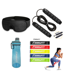 Комплект 1002. Скакалка з обважнювачем EasyFit + Пляшка для води EasyFit CHFe 1000 мл синя або зелена + Маска для сну 3D EasyFit Dream з ефектом пам’яті (чорна або сіра) + Гумові кільця для фітнесу EasyFit набір 5 шт