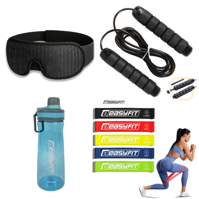 Комплект 1002. Скакалка з обважнювачем EasyFit + Пляшка для води EasyFit CHFe 1000 мл синя або зелена + Маска для сну 3D EasyFit Dream з ефектом пам’яті (чорна або сіра) + Гумові кільця для фітнесу EasyFit набір 5 шт
