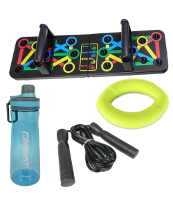 Комплект 1005. Дошка для віджимань EasyFit Straight тренажер регульований + Пляшка для води EasyFit CHFe 1000 мл синя або зелена + Еспандер кистьовий кільце EasyFit Elliptic 18 кг зелений + Швидкісна скакалка EasyFit 280 см з підшипником