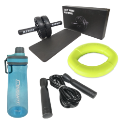 Комплект 1006. Ролик для пресу EasyFit BLM подвійний чорний + Пляшка для води EasyFit CHFe 1000 мл синя або зелена + Швидкісна скакалка EasyFit 280 см з підшипником + Еспандер кистьовий кільце EasyFit Elliptic 18 кг зелений