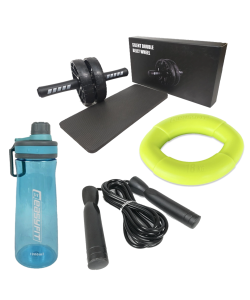 Комплект 1006. Ролик для пресу EasyFit BLM подвійний чорний + Пляшка для води EasyFit CHFe 1000 мл синя або зелена + Швидкісна скакалка EasyFit 280 см з підшипником + Еспандер кистьовий кільце EasyFit Elliptic 18 кг зелений
