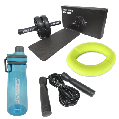 Комплект 1006. Ролик для пресу EasyFit BLM подвійний чорний + Пляшка для води EasyFit CHFe 1000 мл синя або зелена + Швидкісна скакалка EasyFit 280 см з підшипником + Еспандер кистьовий кільце EasyFit Elliptic 18 кг зелений
