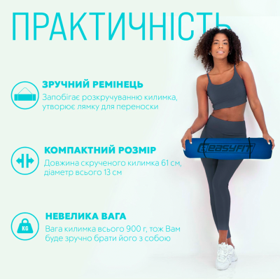Комплект 1007. Килимок для йоги та фітнесу EasyFit TPE+TC 6 мм двошаровий синій-блакитний + Скакалка з обважнювачем EasyFit + Пляшка для води EasyFit CHFe 1000 мл синя або зелена + Еспандер кистьовий EasyFit Elliptic 18 кг зелений