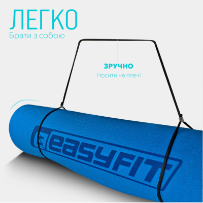 Комплект 1007. Килимок для йоги та фітнесу EasyFit TPE+TC 6 мм двошаровий синій-блакитний + Скакалка з обважнювачем EasyFit + Пляшка для води EasyFit CHFe 1000 мл синя або зелена + Еспандер кистьовий EasyFit Elliptic 18 кг зелений