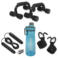 Комплект 1013. StreetSports. Гаки для турніка та тяги EasyFit PowerHooks (пара) + Упори для віджимань EasyFit PushMax + Скакалка з обважнювачем EasyFit + Пляшка для води EasyFit CHFe 1000 мл синя або зелена