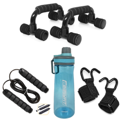 Комплект 1013. StreetSports. Гаки для турніка та тяги EasyFit PowerHooks (пара) + Упори для віджимань EasyFit PushMax + Скакалка з обважнювачем EasyFit + Пляшка для води EasyFit CHFe 1000 мл синя або зелена