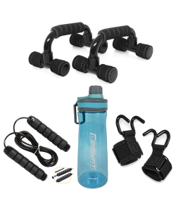 Комплект 1013. StreetSports. Гаки для турніка та тяги EasyFit PowerHooks (пара) + Упори для віджимань EasyFit PushMax + Скакалка з обважнювачем EasyFit + Пляшка для води EasyFit CHFe 1000 мл синя або зелена
